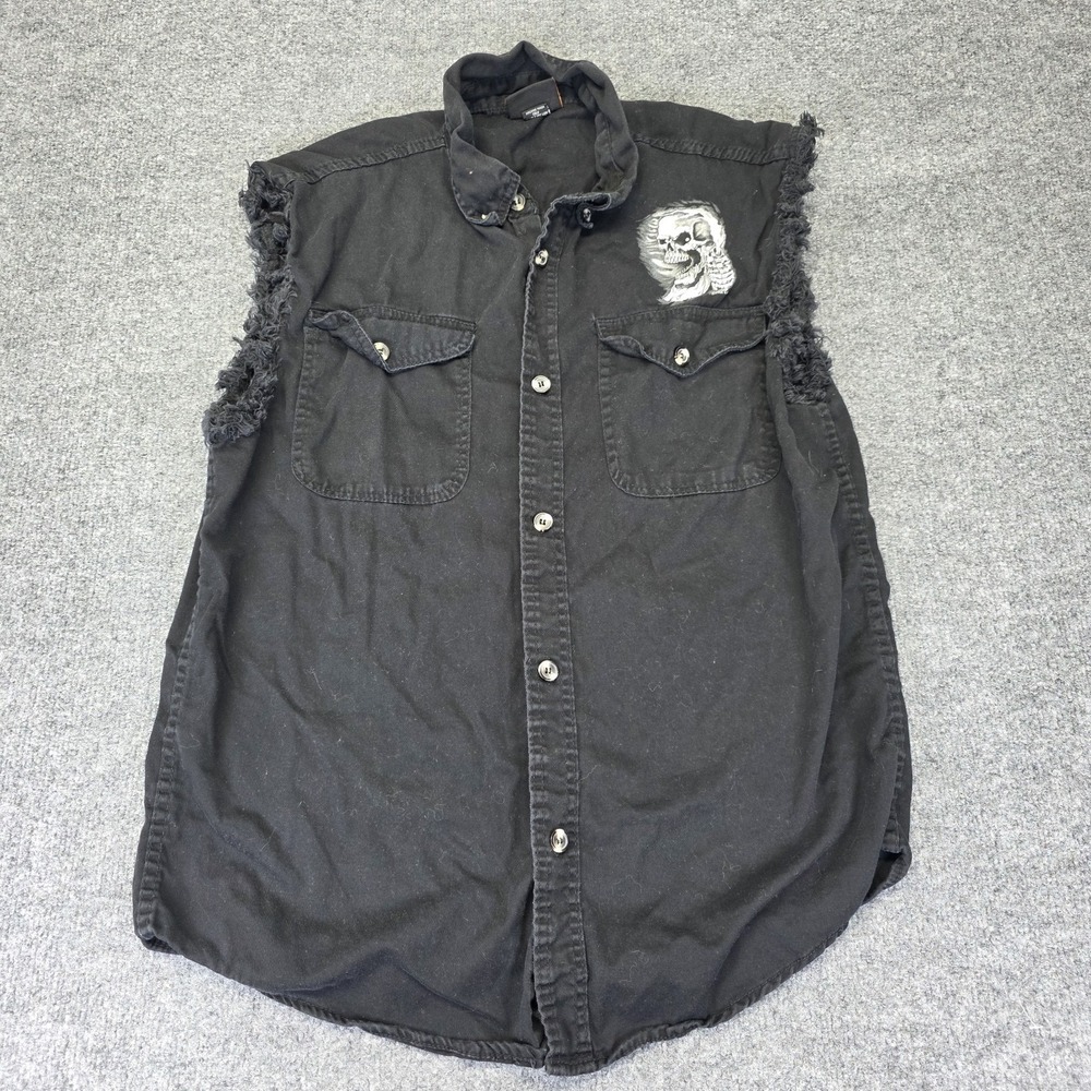 Hot Leathers Sleeveless Denim Biker Motorcycle Shirts Black Graphic Print LG Y2k